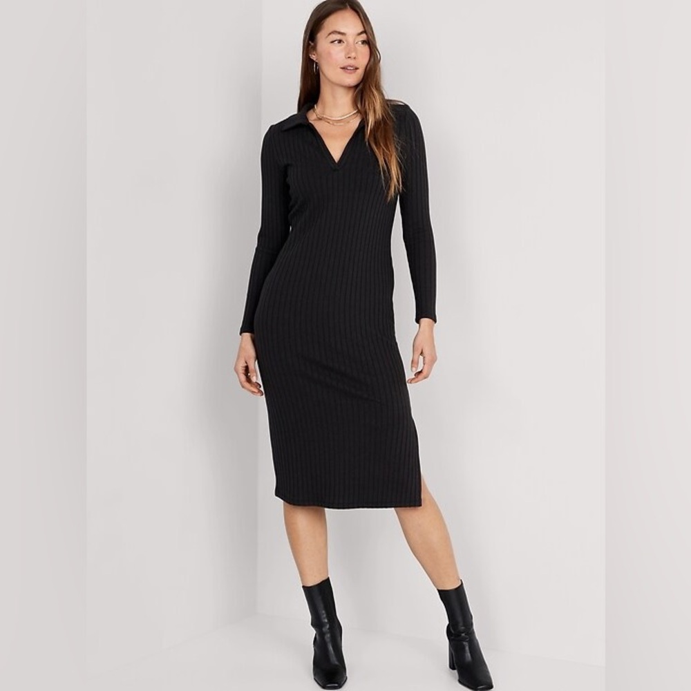 Old Navy Fitted Rib-Knit Midi Polo Dress in Black